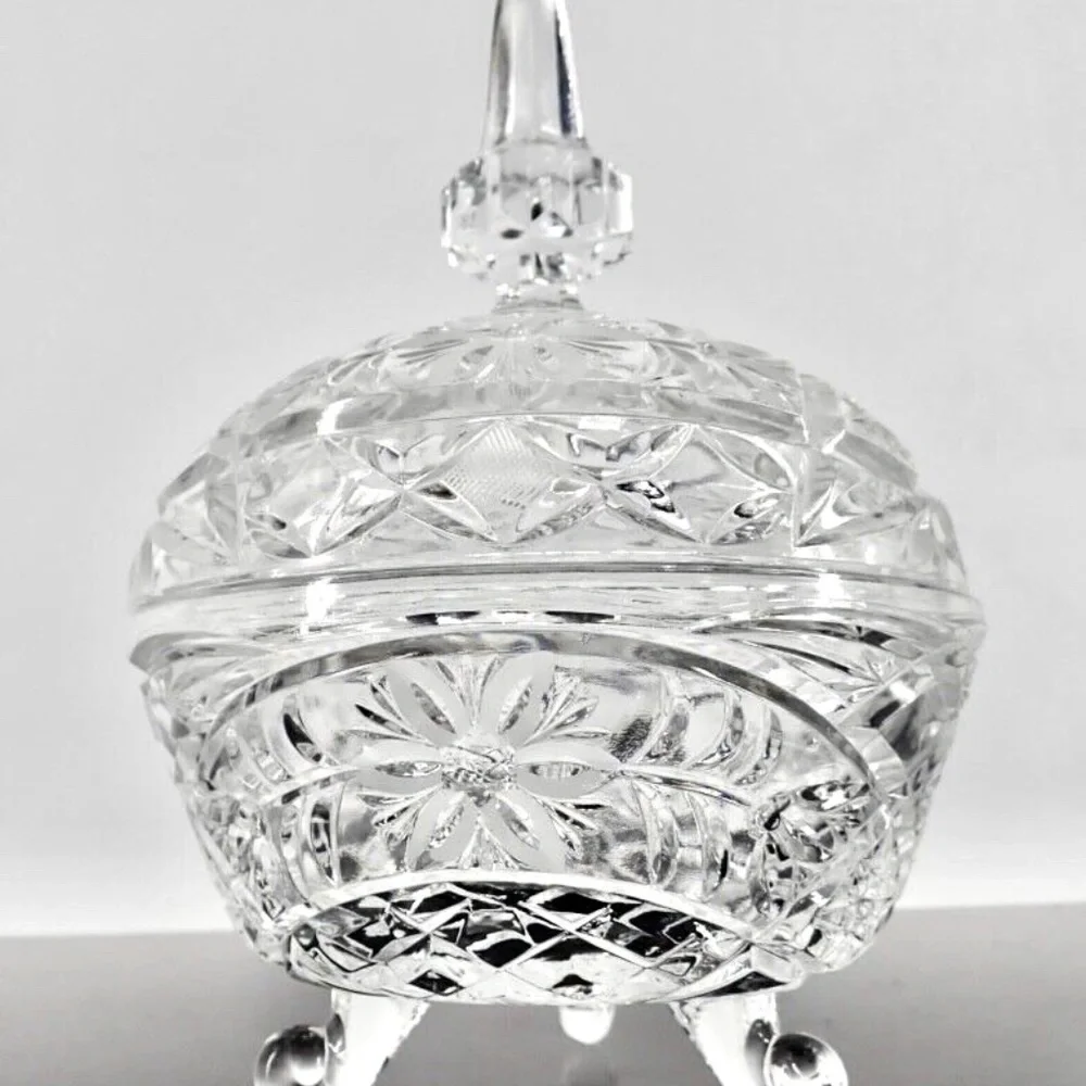 Cut Crystal Lidded Compote Candy Dish Three Footed 2 pc Floral Cut Bowl Vtg 60's